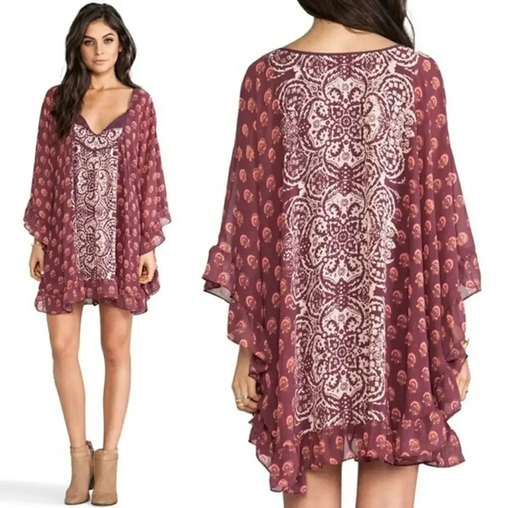 FREE PEOPLE Marla Dreams Dress Wine Red Boho Paisley Pop Flowy Fall Size XS